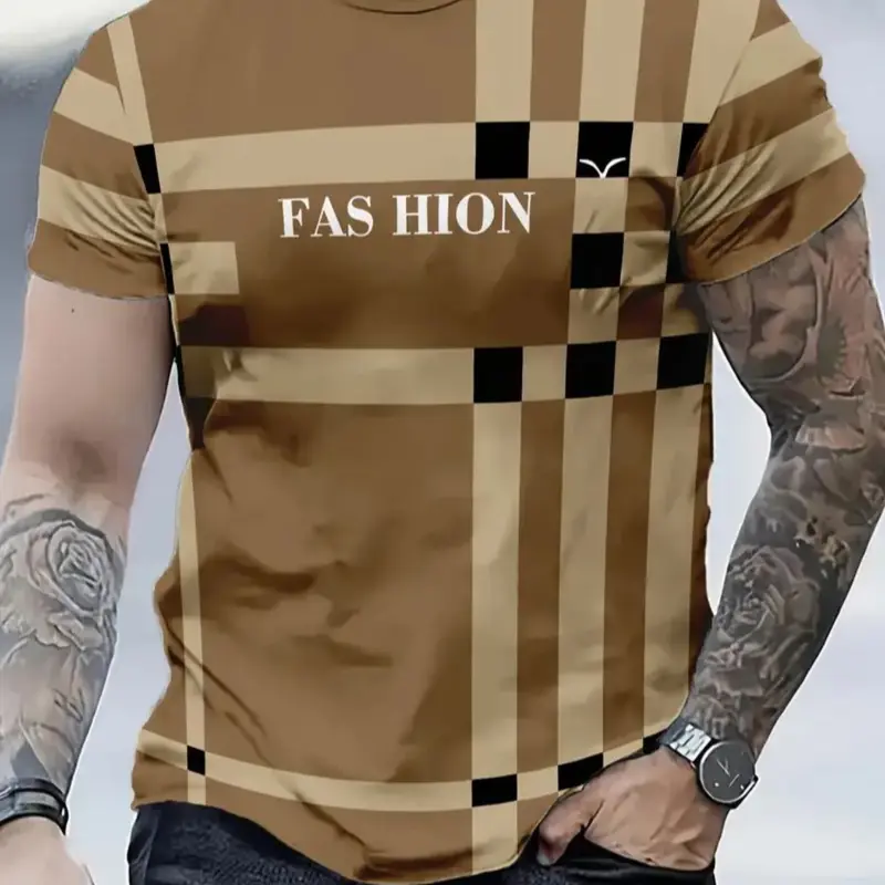 Men's & T-Shirt, Lightweight Knit Knitted Polyester Blend Summer Print Shirt, Elastic Fitted Slim Fit Design, Casual Daily Wear, Casual Summer Tees, Menswear
