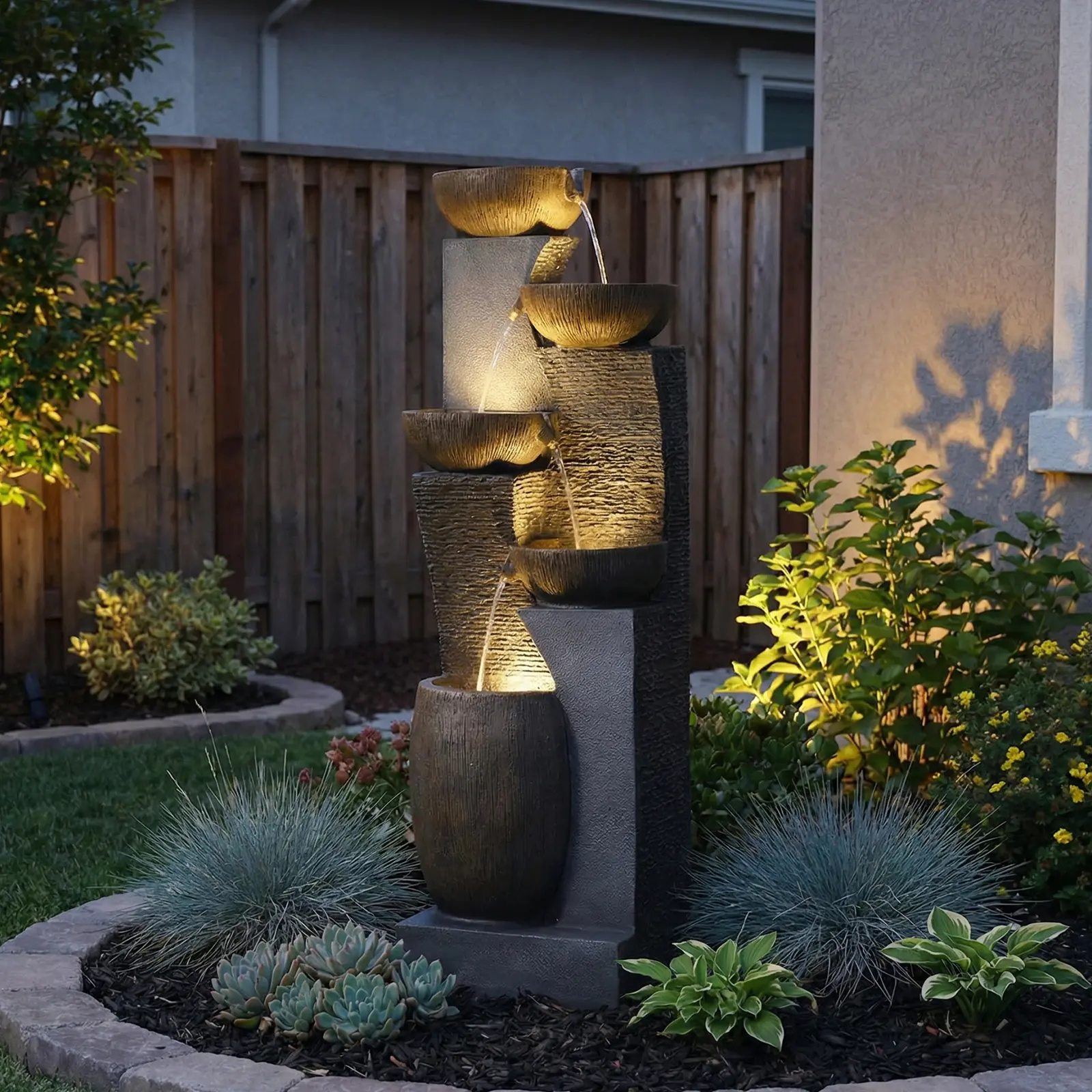 Tankana 51.4" H Modern 5-Tier Cascading Outdoor Fountain with Integrated LED Lights, Garden Statues & Sculptures for Deck, Porch, Meditation Spaces, Fountains & Bird Baths Waterscape Home Decor