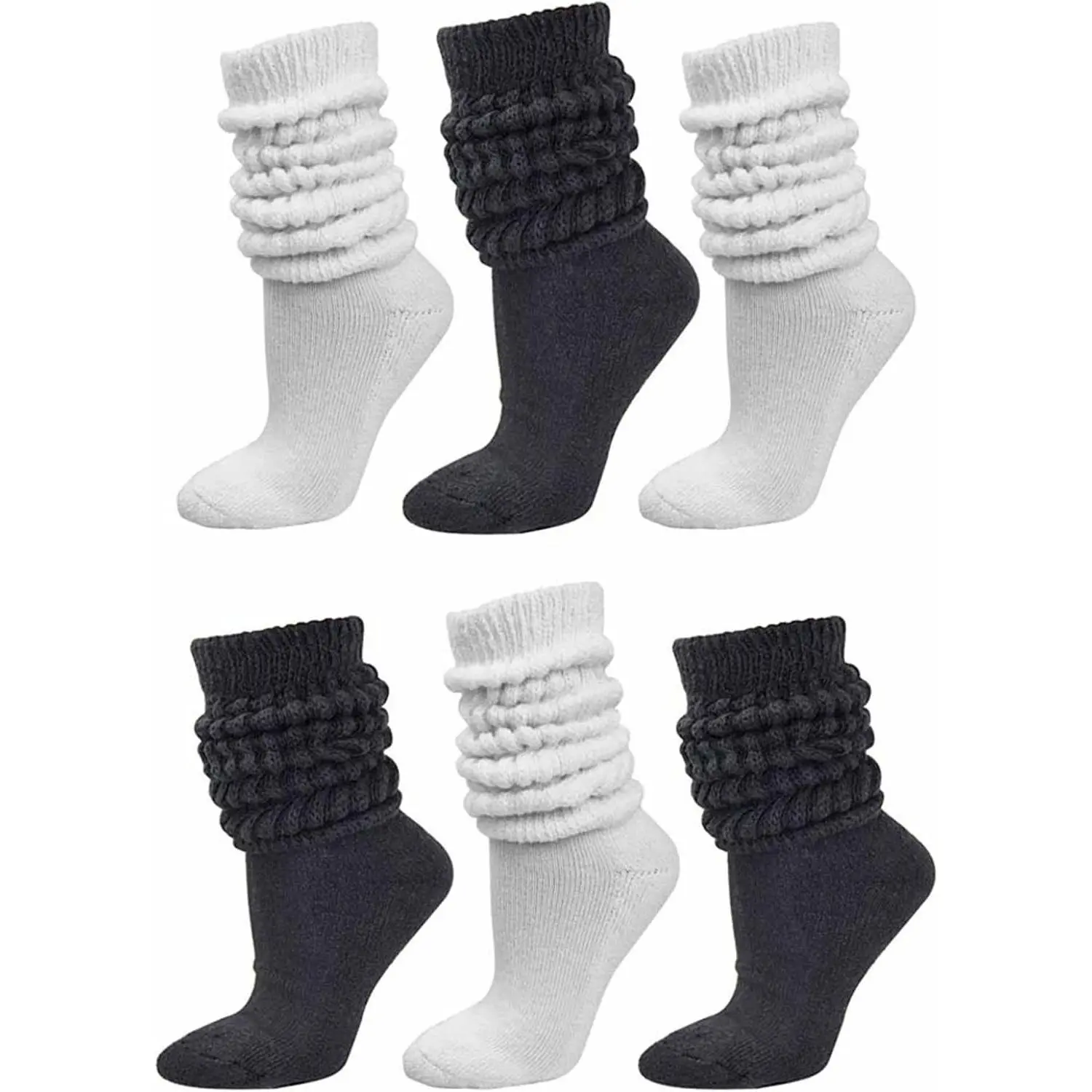 Black & White All Cotton 6-Pack Extra Heavy Super Slouch Socks