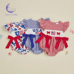 Baby Girls' Independence Day Plaid Rompers, Flag Letter Embroidery Fly-Sleeve Summer Bodysuits Jumpsuits