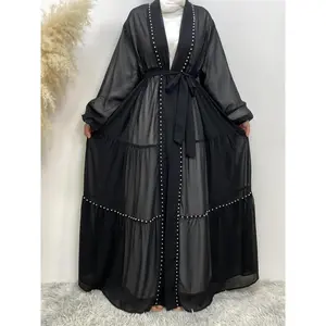 Women's Solid Color Pearls Decor Chiffon Abaya, Modest Fashion Long Sleeve Open Front Abaya for Daily Wear, Women's Islamic Clothing for Spring & Fall