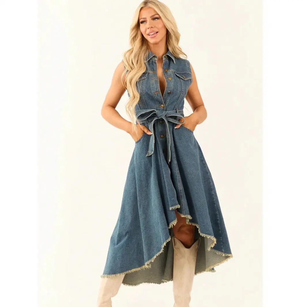Women's Street Style Denim Midi Dress, Casual Sleeveless Collared Shirt Dress with Irregular Hem and an Adjustable Waist, Collars, Feminine, Comfortable, Fabric