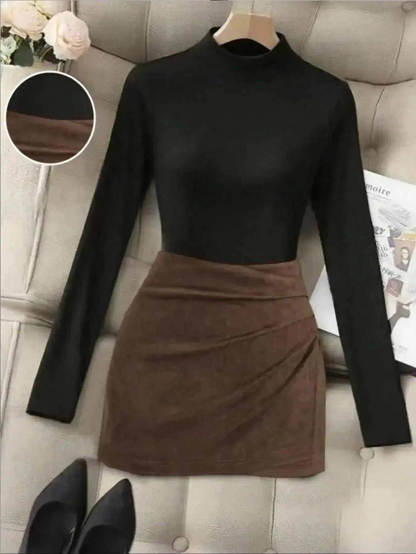 Women's Fall Winter High Neck Turtleneck Long Sleeve Ribbed T-Shirt Top and Pleated Midi Skirt Set, Casual Fashion Two-Piece Outfit, Fitted Y2K Style, Chic, Plain Pattern, Clothes, Womenswear clean look relaxed fit