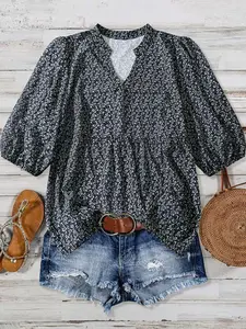 Plus Size Women's Floral Print Bubble Sleeve Top, Loose Fit V Neck Waist Cinched Shirt Blouse, Casual Commuter Outerwear for Summer Womenswear