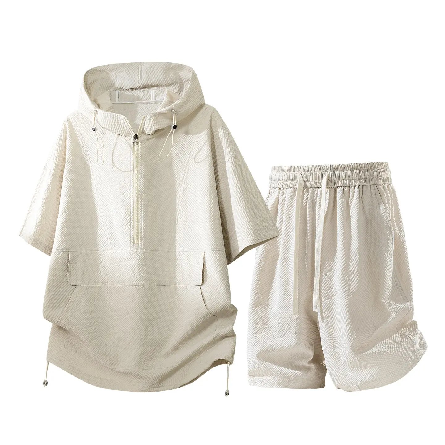 New summer versatile solid-color loose men’s short-sleeve T-shirt and shorts set; casual bubble plaid hooded faux minimalist two-piece set for men with drawstring cap hood and zipper collar; men’s short-sleeve shorts #fathersdaygift #SummerWins