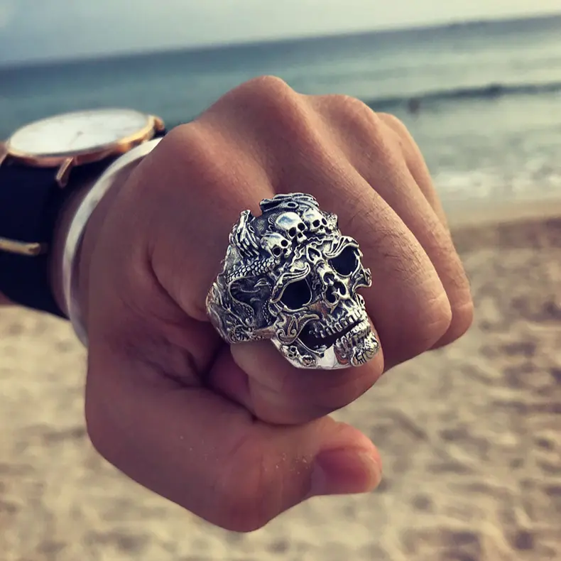 Gothic Skull Ring for Men, Adjustable Vintage Biker Jewelry with a Dark Fantasy Aesthetic, Cool Style Gift