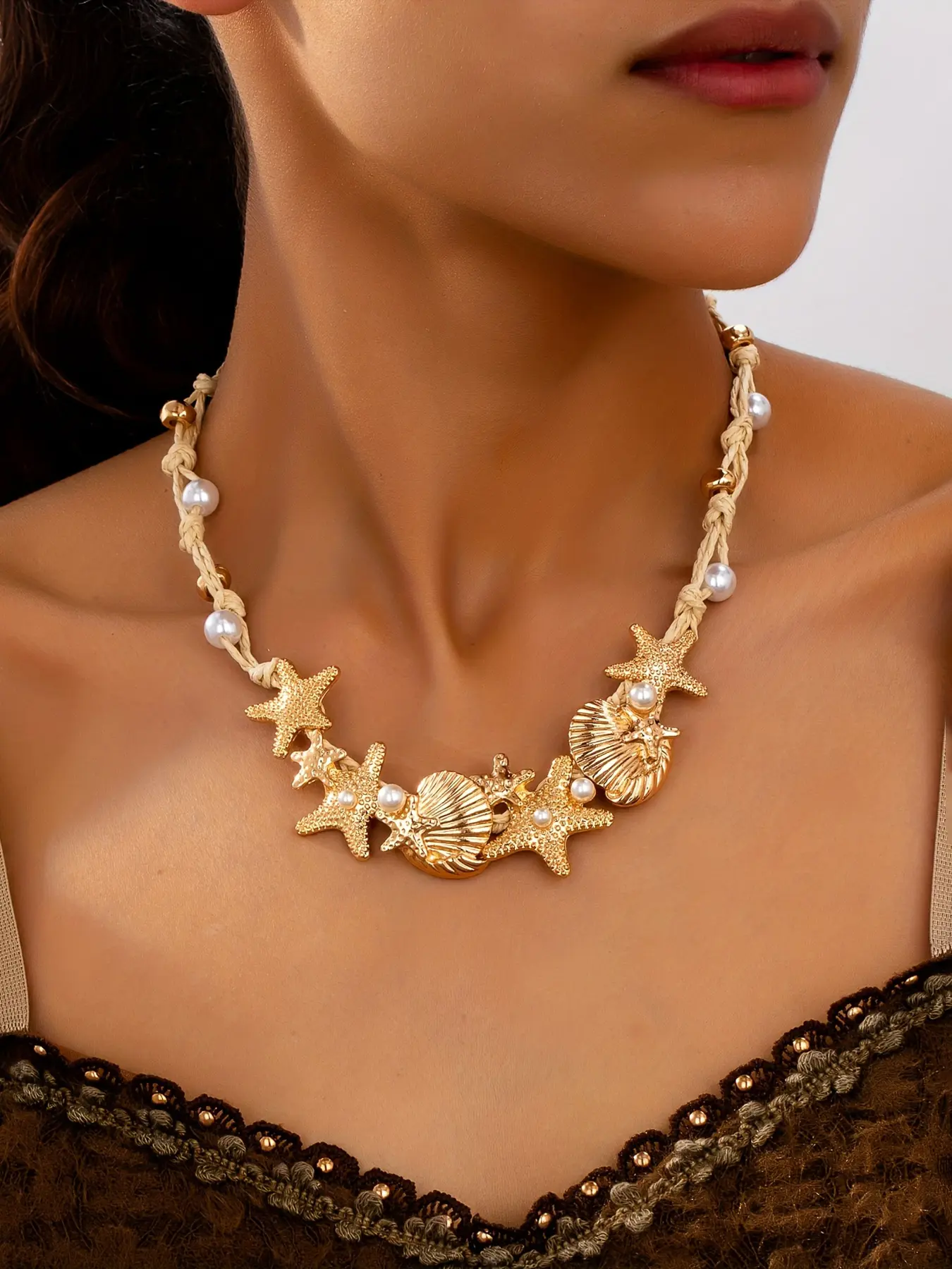 Boho Style Starfish Round Shell Pearl Necklace, Handmade Beaded Chain Jewelry for Women, Perfect for Beach Vacation & Daily Wear, Elegant Beaded Necklace, Pearls Necklace