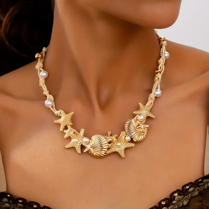 Boho Style Starfish Round Shell Pearl Necklace Handmade Beaded Chain Jewelry for Women, Perfect for Beach Vacation & Daily Wear, Elegant Beaded Necklace, Pearls Necklace, Boho Necklaces