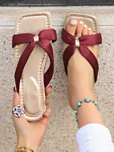 Women's Burgundy Satin Bow Thong Toe Square Toe Flat Slides, French Romantic Vacation-Chic Style, Comfy Summer Sandals Rubber #BowThongSlides, #FrenchRomanticChic, #ElegantSummerShoes