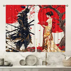 2pc Samurai and Beauty Curtain Panels with Handle Bag Design. This is an ideal gift for friends. It is suitable for home decoration in dormitories, bedrooms, living rooms, kitchens, study rooms, hotels, apartments, etc.