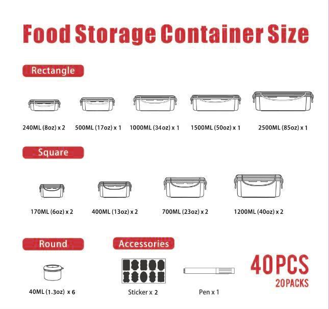 [LIMITED TIME DEAL] 40 Pcs Large Plastic Airtight Food Storage Container Set (20 Containers+20 Lids) Leakproof, BPA-Free, Labels&Marker, Kitchen Organization