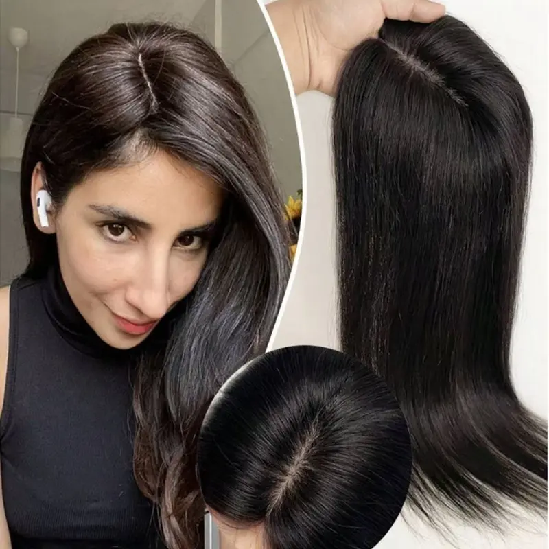Human Hair Toppers for Women Real Human Hair Thin 7 * 10CM Silk Base with Lace 130% Density Clip in Remy Hairpieces 10/12 Inch Natural Black