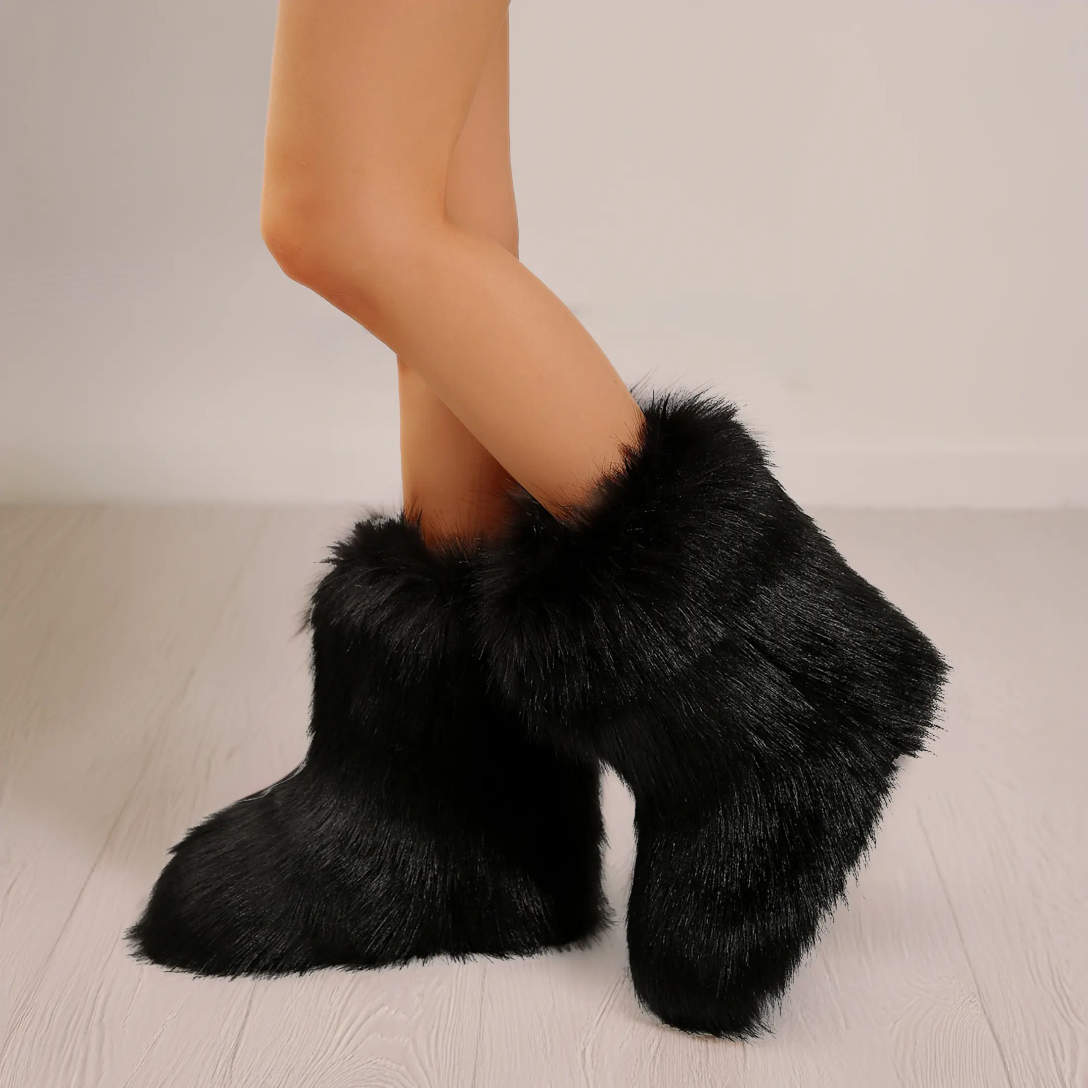 Women's Fashionable Fuzzy Fluffy Snow Boots Furry Plush Water-Resistant Anti-Skid Indoor Outdoor Shoes