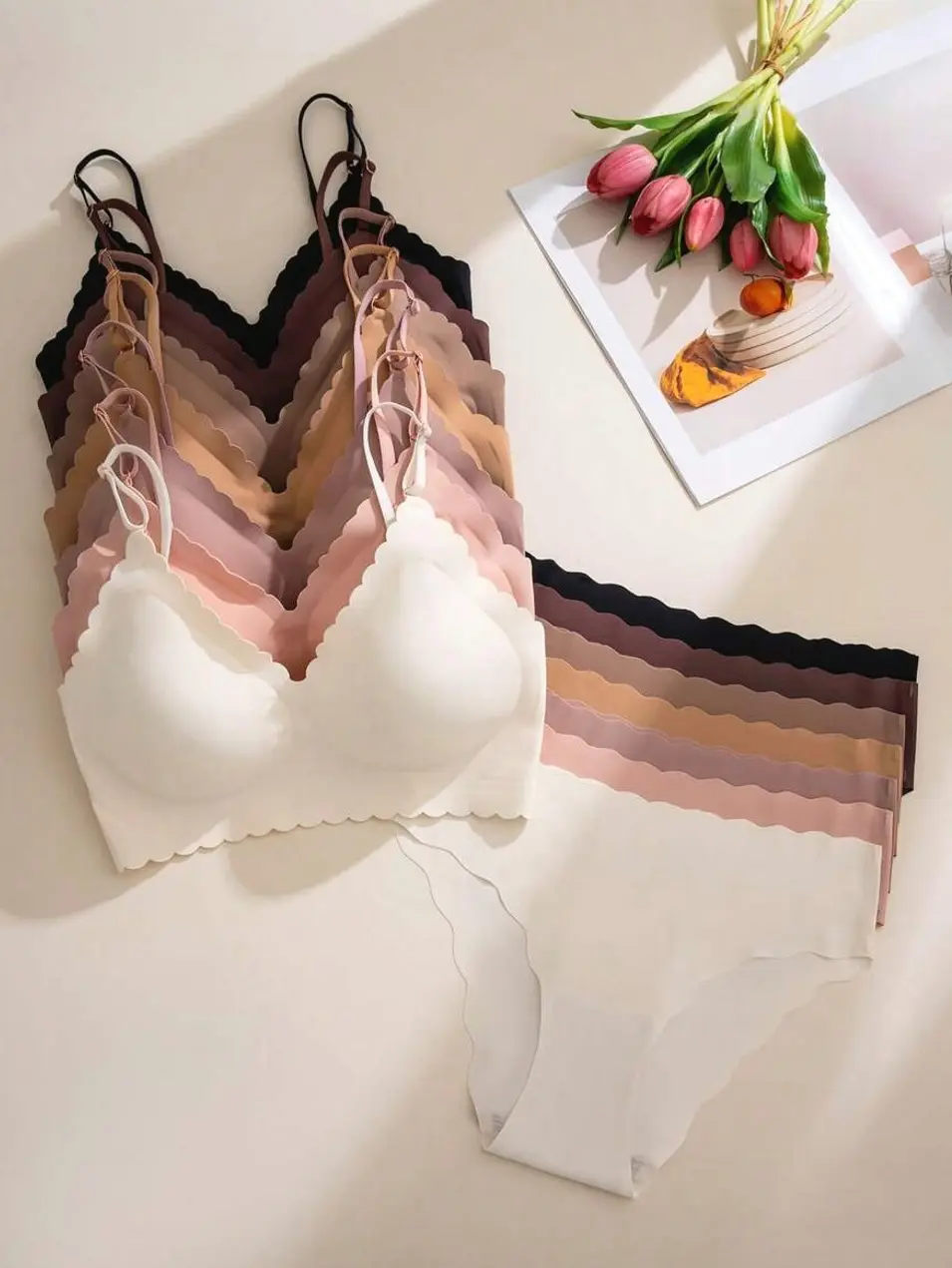 14-Piece Seamless Lingerie Set with Wavy Hem, Wireless Bralettes and Briefs
