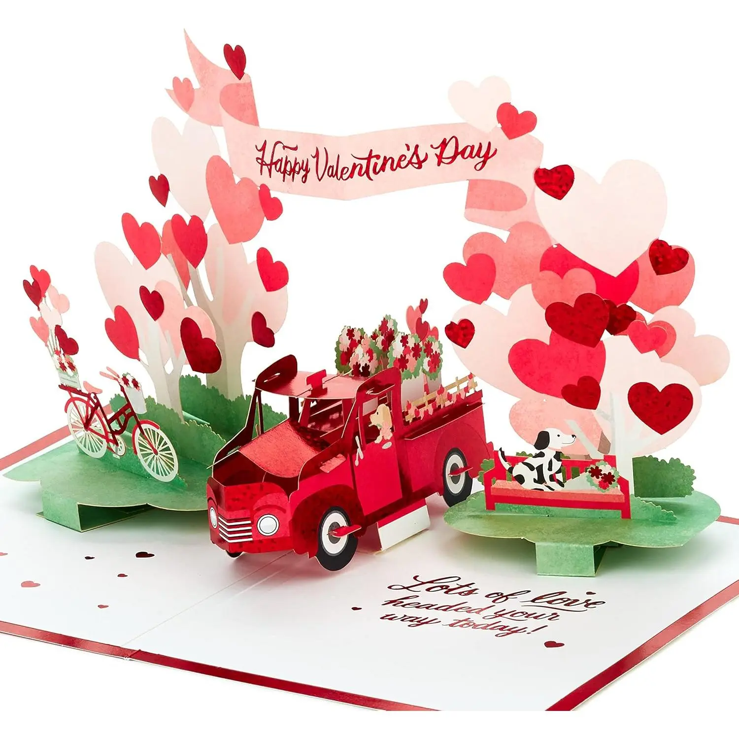 Hallmark Signature Paper Wonder Durable Cardstock Pop-Up Greeting Card (5x7.2 in) - Elegant Vintage Red Truck Design, Light Pink Background, Floral Accents, Glittery Lettering for Happy Valentine's Day Banner Love Gifting, Someone Special