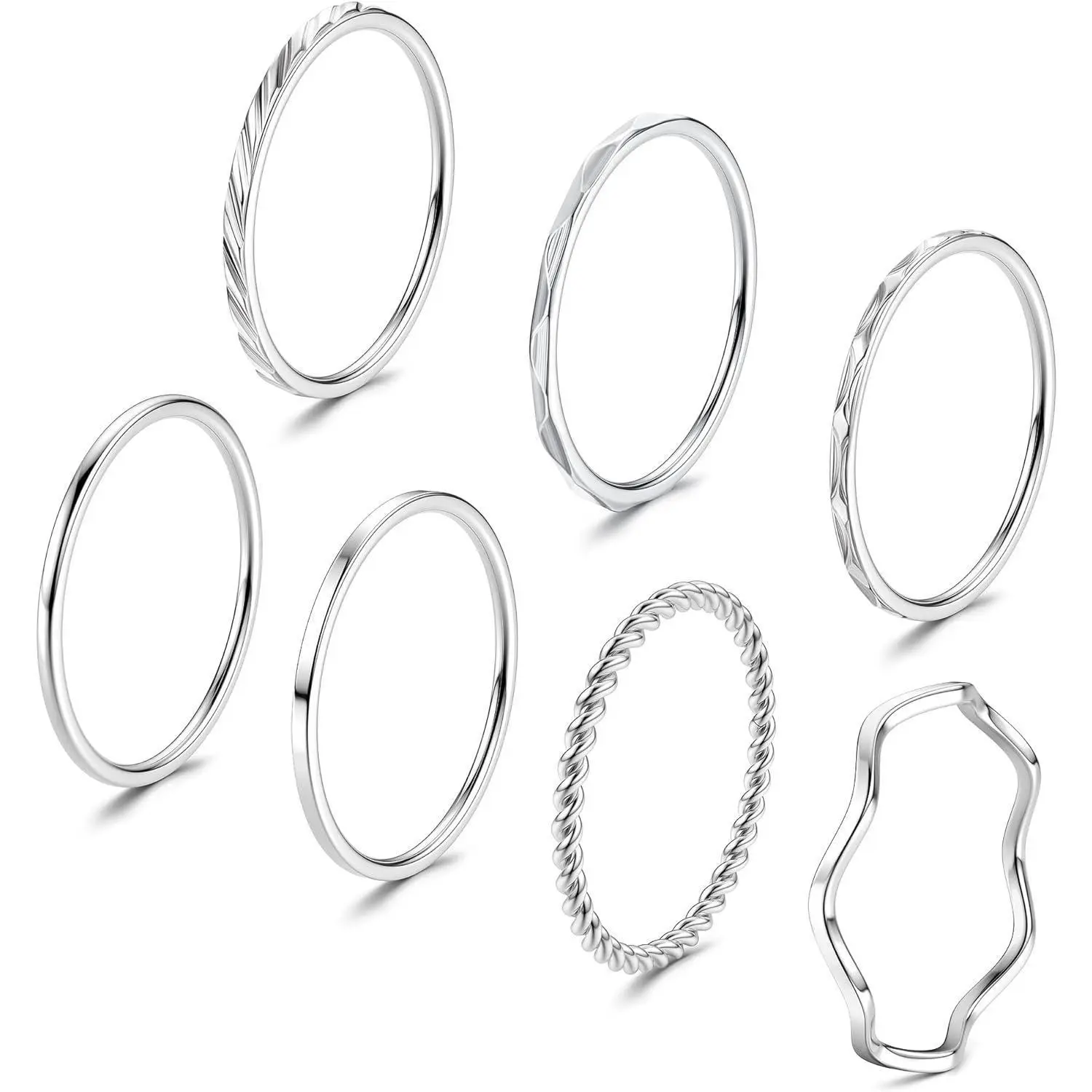 MILACOLATO 7 Pcs Stainless Steel Rings 1MM Fashion Simple Plain Knuckle Throwing for Women and Men Size 5-11 Silver Tone