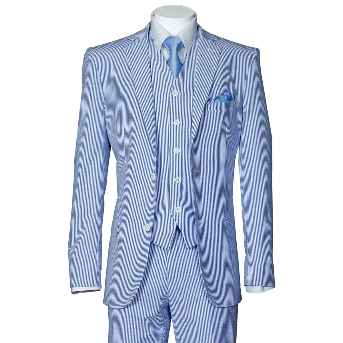 Mens 2 Button Vested Summer Seersucker Suit in Blue