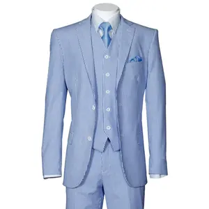 Mens 2 Button Vested Summer Seersucker Suit in Blue