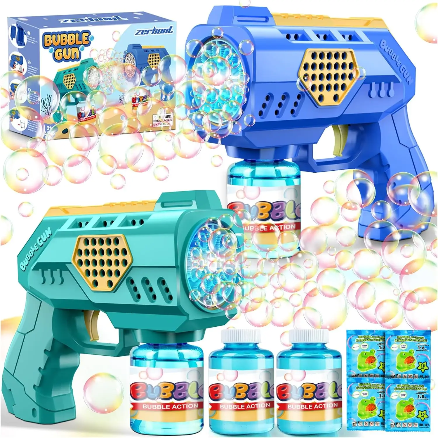 Zerhunt 2Pack Colorful Bubble Machine Blaster – Automatic Durable Bubble Gun for Kids, 10-Hole Handheld Bubble Maker with LED Lights, Rich Bubbles for