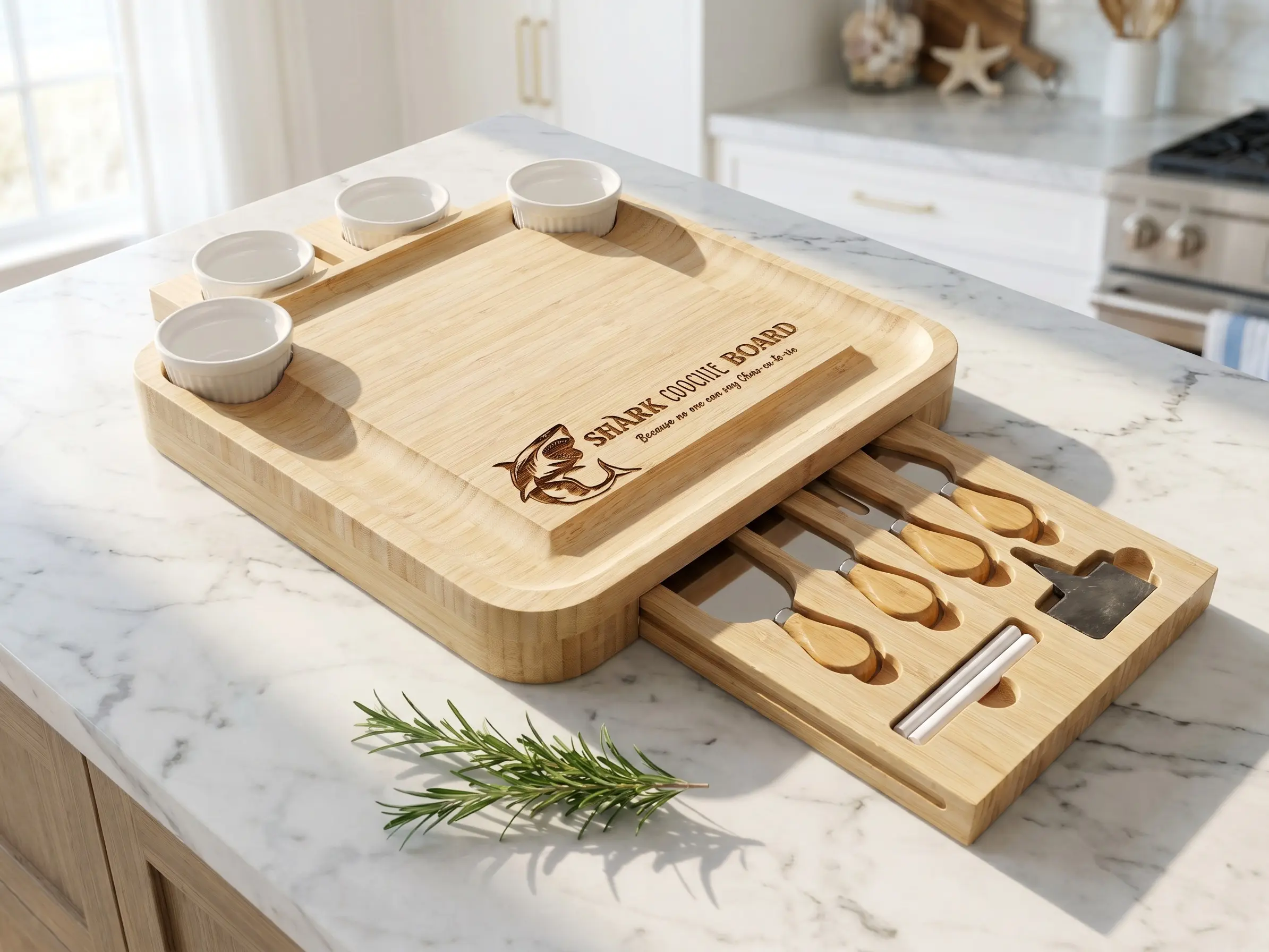 Funny Shark Coochie Board, Engraved Bamboo Charcuterie Board Set with Knives, Funny Housewarming Gift, White Elephant Gift for Couples
