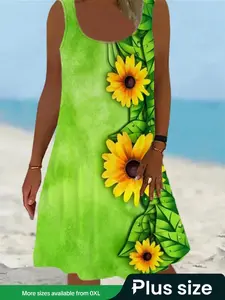 【Plus Size】 Sunflower Print Round Neck Tank Dress, Casual Boho Elegant Sleeveless Dress for Beach Holiday Vacation, Women's Plus Clothing for Summer