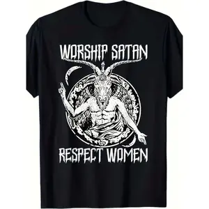 Men's Heavyweight Cotton Satanism T-Shirt - Worship Satan Respect Women's Rights Graphic Tee with Satanic Goat Head, Occult Goth Metal Band Casual Streetwear, Black with White Print, Durable Fabric, Alternative Edgy Adult Menswear Top Tshirt