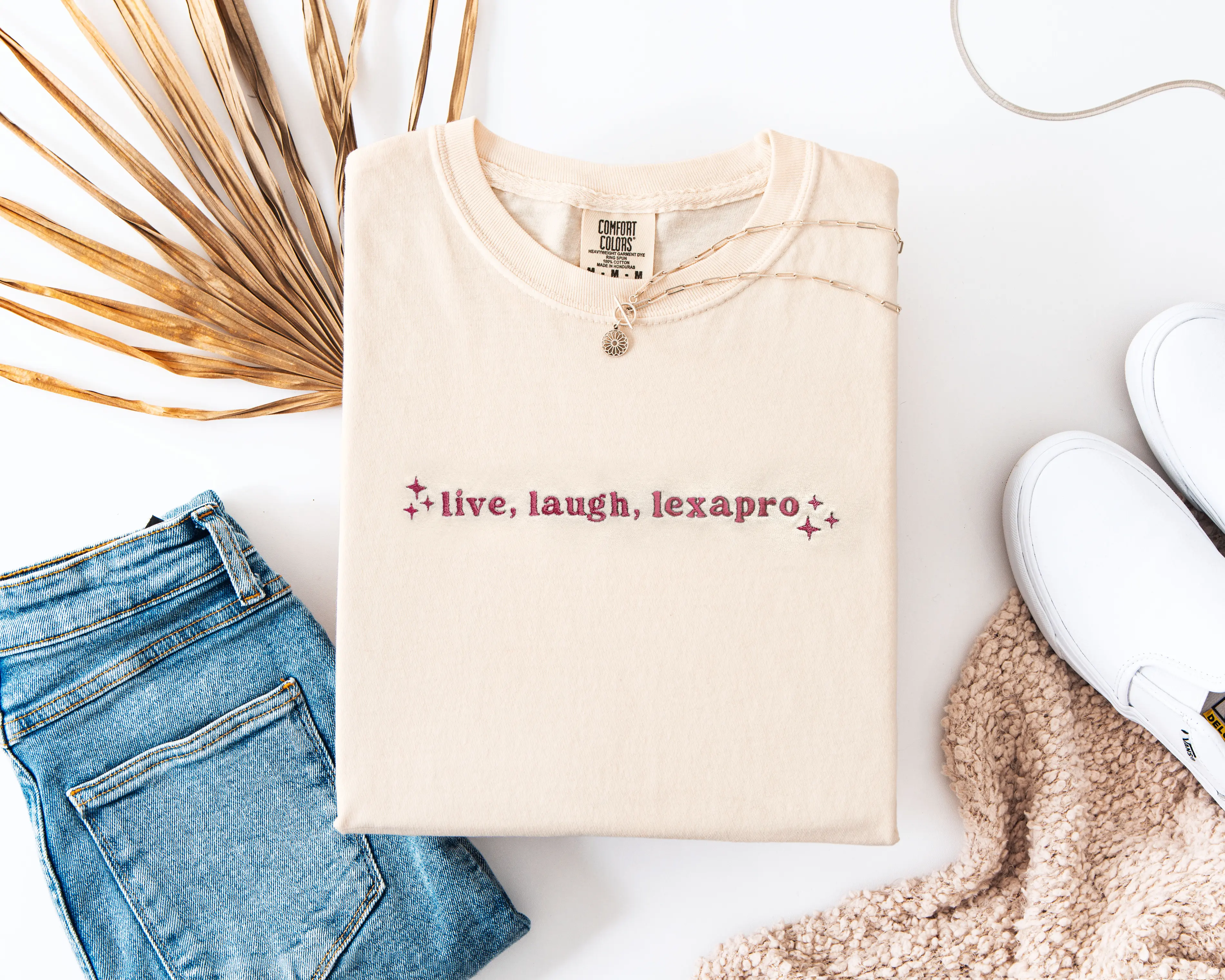 Comfort Colors Unisex Soft Cotton T-Shirt in Beige with Inspirational Text Design Live Laugh Lexapro Empowering Mental Health Sarcastic Shirt Featuring Embroidery for Summer Wear