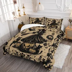 Retro Halloween Theme Comforter Set, 2 or 3 Pcs/Set, With Quilt Core/Without Pillow Core, Witch Pumpkin Bat Pattern Bedding Set, Comfortable Durable Design, Perfect Bedroom Decorative Bed Cover, All Seasons