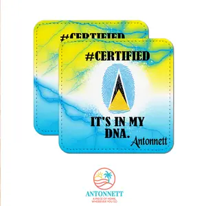 Antonnett “Certified: It’s In My DNA” Personalized Square PU Leather Coaster Set – 4x4 in., Set of 2, Caribbean‑Inspired Drink Coasters with Custom Name in 12 Fonts