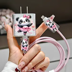 5pcs Cute Pink Bow & Ballet Panda Compatible for iPhone 16/15/14/13/12/11 Pro Max Protective Charger Case, Spiral Cable Protector Cover - Phone, Cellphone, Smartphone, Compatible with 20W/18W Fast, Durable Boyfriend/Girlfriend Gift for Women/Men