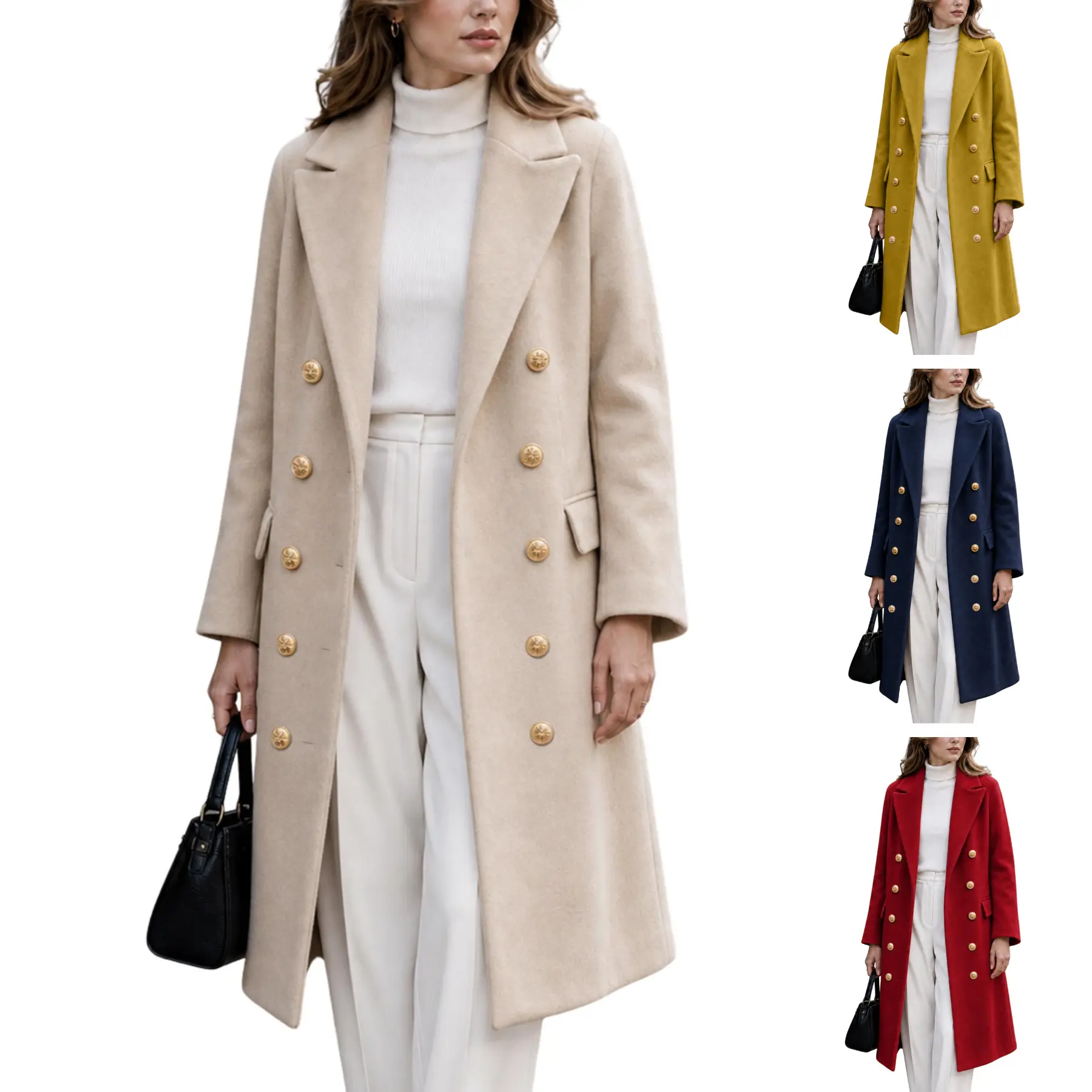 SCUSTY Women Fall Winter Casual Wool Blend Double Breasted Mid-Long Coat Notch Lapel Midi Wool Peacoat Trench Overcoat Slim Waist Fit Casual