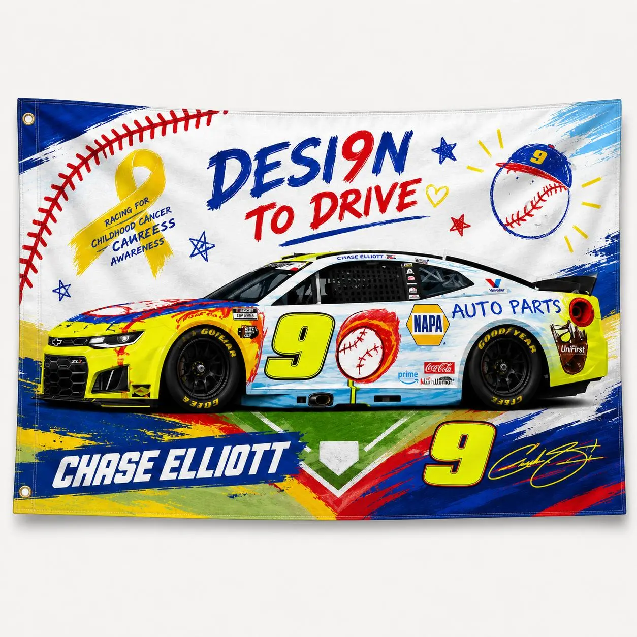 Chase Elliott #9 Desi9n To Drive Flag 3x5 Ft, Baseball Racing Car Banner, Childhood Cancer Awareness NASCAR Fan Wall Decor