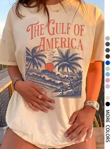Women's The Gulf Of America Print Round Neck Tee, Casual Short Sleeve Crew Neck T-shirt for Summer, Fashion Women's Top for Daily Wear, Streetwear, Casual Loose Tee, Beachy Tee