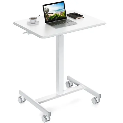 Sweetcrispy Rectangular Top Rolling Computer Desk - Sit/Stand Adjust Adjustable-Height Portable Standing Desk with Lockable Wheels, Home Study Table, Indoor Office Furniture