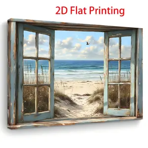 2D Flat, 2D Flat Print 1 Piece Wooden Frame Canvas Oil Painting, 'Tranquil Beach Under Country Window View', Living Room, Bedroom, and Kitchen Wall Decoration, Ready to Hang, Home Decoration, Perfect Gift for Her or Him, 11.8* 15.7inch