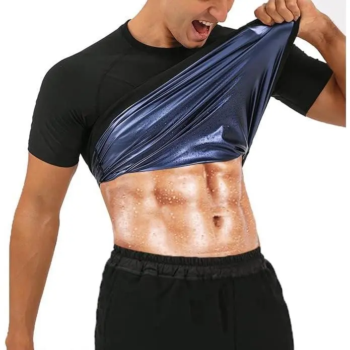 Sauna Shirt for Men Sweat Suit Short Sleeve Compression T-Shirt Body Shaper Shirts for Workout Sports Exercise Athletic Fitness Top Gymwear Sportswear
