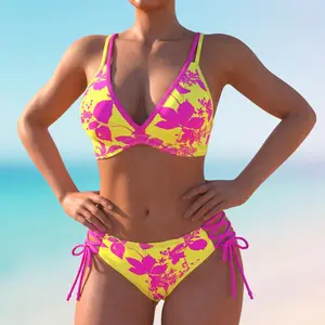 2026 Women Two Piece Bikini Set Fashion Push Up Print V Neck Cross Tie Top Mid Waist Bottom Cute Swimwear Yellow+Pink