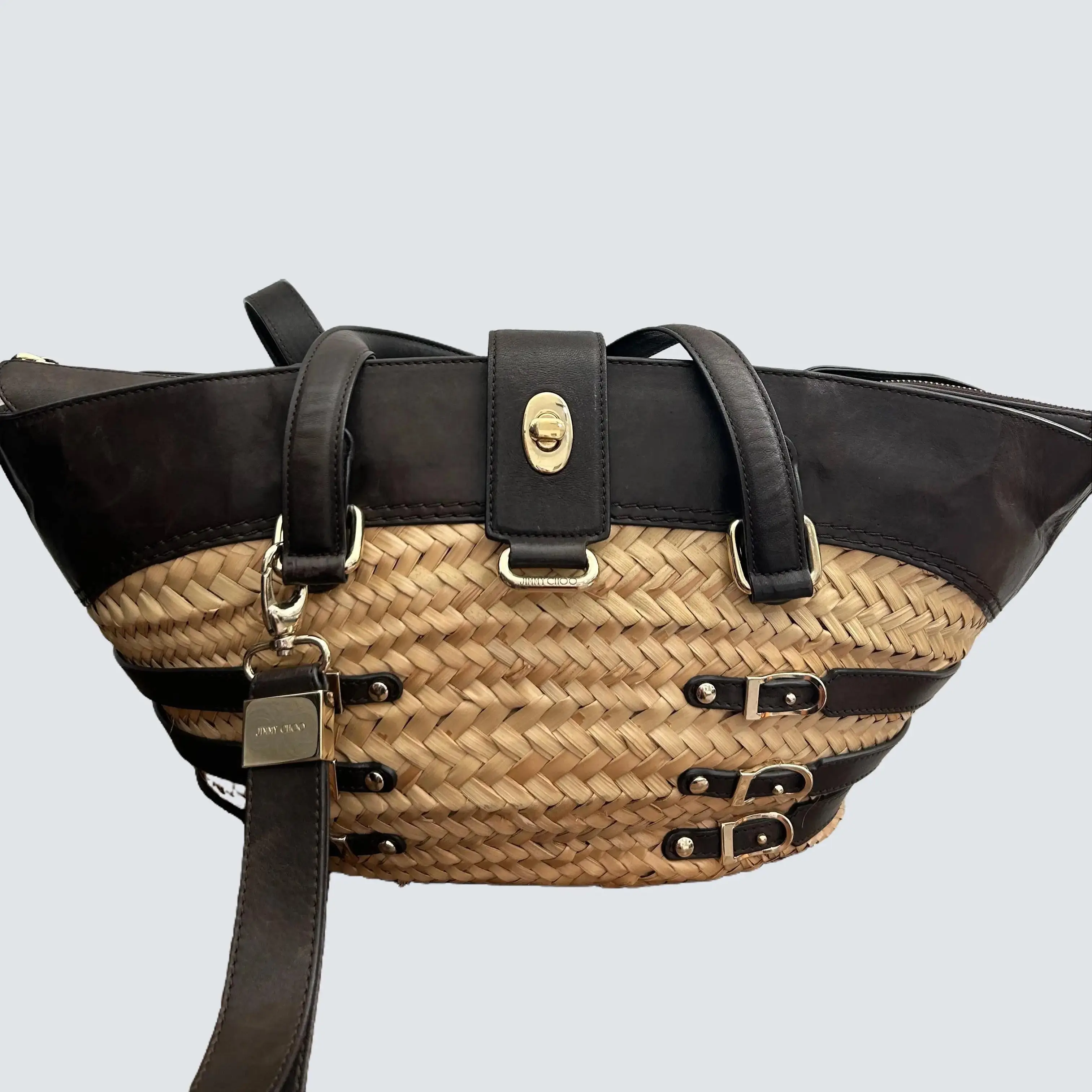 Pre-owned JIMMY CHOO Palm Leaf Tote Bags Raffia Tote Bag with COA