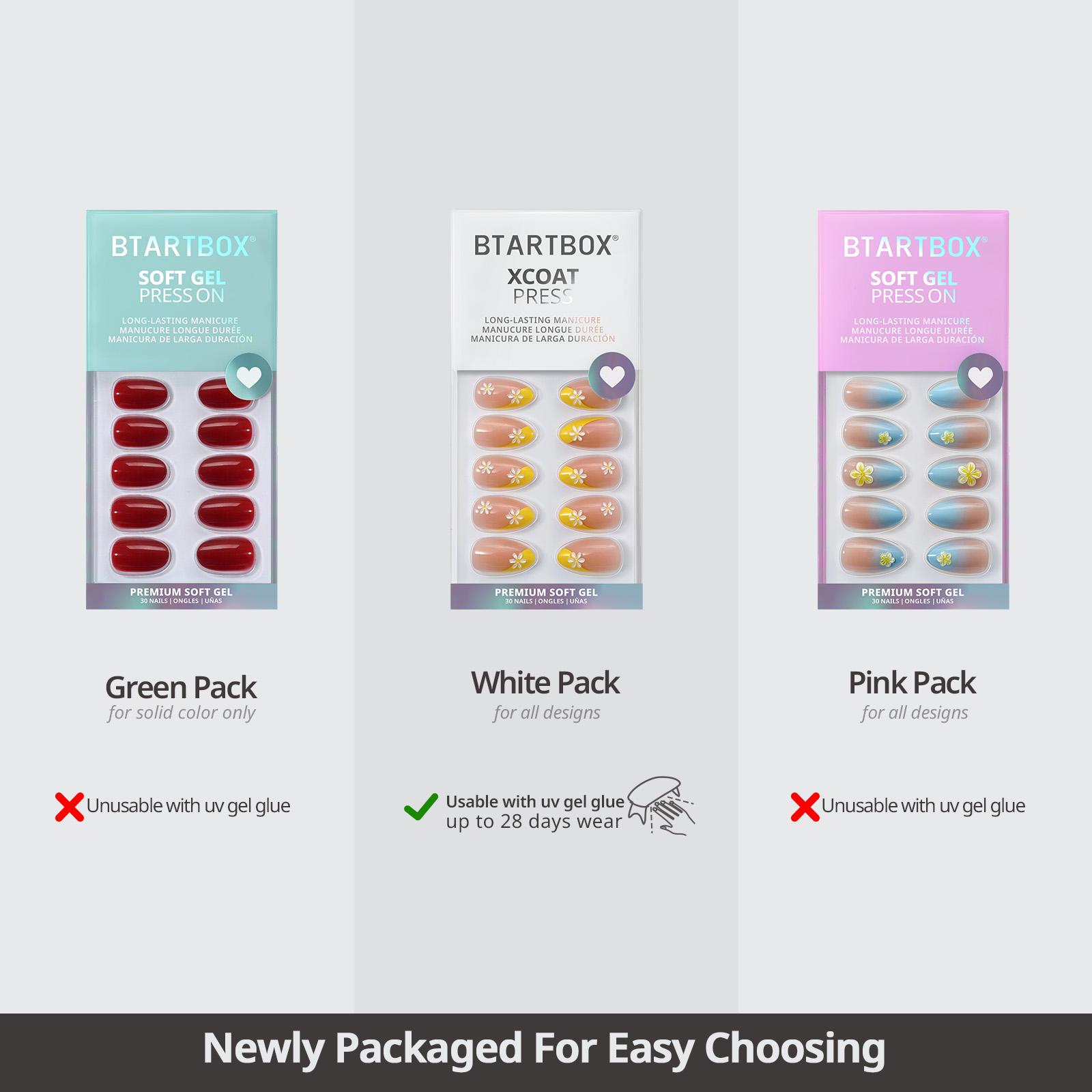 BTArtbox Press On Nails - The Perfect Pair Pastel Short Press On Nails with Glue for Women, Square or Almond Opaque Soft Gel Glue On Nails in 16 Sizes - 32 Stick On Nails Kit