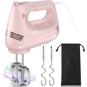 Electric Hand Mixer with Stainless Steel Whisk, Dough Hook Attachment and Storage Bag, Handheld Mixer For Baking Cakes, Eggs, Cream Food Mixers. Turbo Boost /5 Speed Kitchen Blender PINK