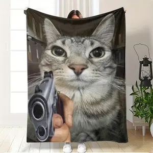 Funny Cat Holding Gun Meme Blanket – Heavy-Duty Soft Flannel Bedspread with Cat & Gun Design, Durable Polyester Throw for Pets – Meme Lovers Gift for Home, Camping, Office - Christmas Gifts