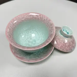 Crystalline flower tea with lid bowl, pink, green, green, three talents lid bowl