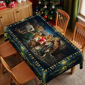 Christmas Decor Tablecloth with Jesus' Birth Scene, Nativity Scene with Baby Jesus, Mary & Joseph, Xmas Decor, Rectangular and Round Table Cloth, Holiday Party Decor, Biblical Birth Of Jesus Tablecloth, Waterproof, Wrinkle, Indoor/Outdoor Use, Gifts