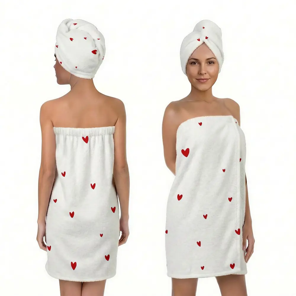 2pcs Hand-Drawn Heart Print Bath Towel Set, Adjustable Bath Towel and Hair Dryer Set, Super Absorbent Microfiber, Multi-Use, Gift for Mother