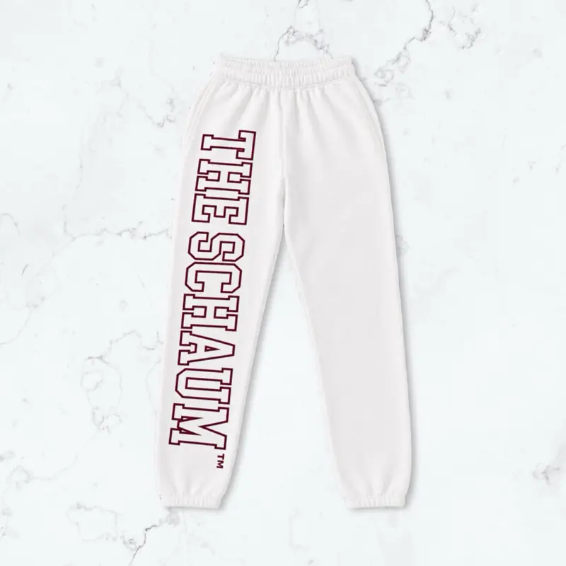 Schaum White Sweatpants Size Small with Dark Red Writing Comfortable & Stylish