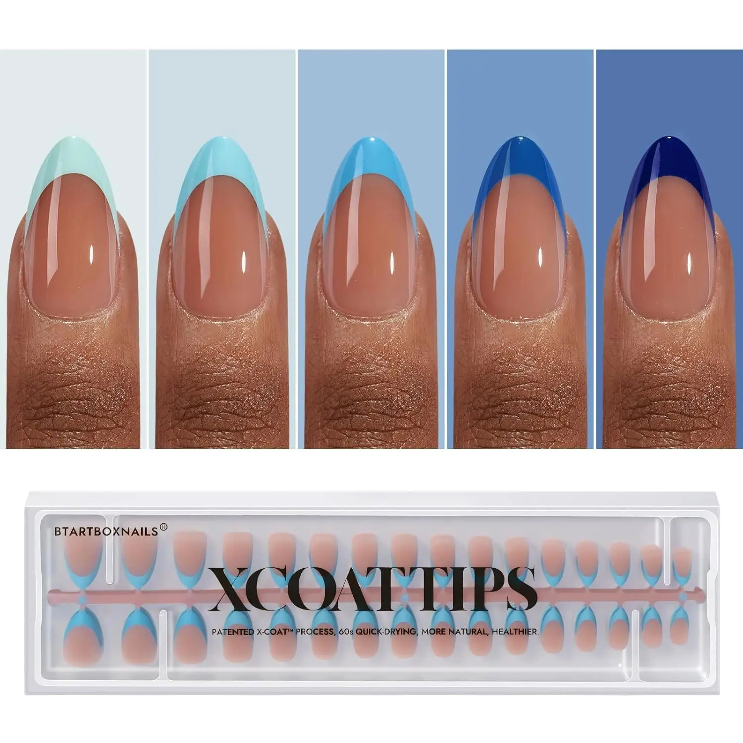 BTArtboxnails XCOATTIPS French Tip Press On Nails - Blue Press On Nails Short, Almond Fake Nail Tips, 160Pcs Soak Off Soft Gel Acrylic Brown Nail Extension in 16 Sizes