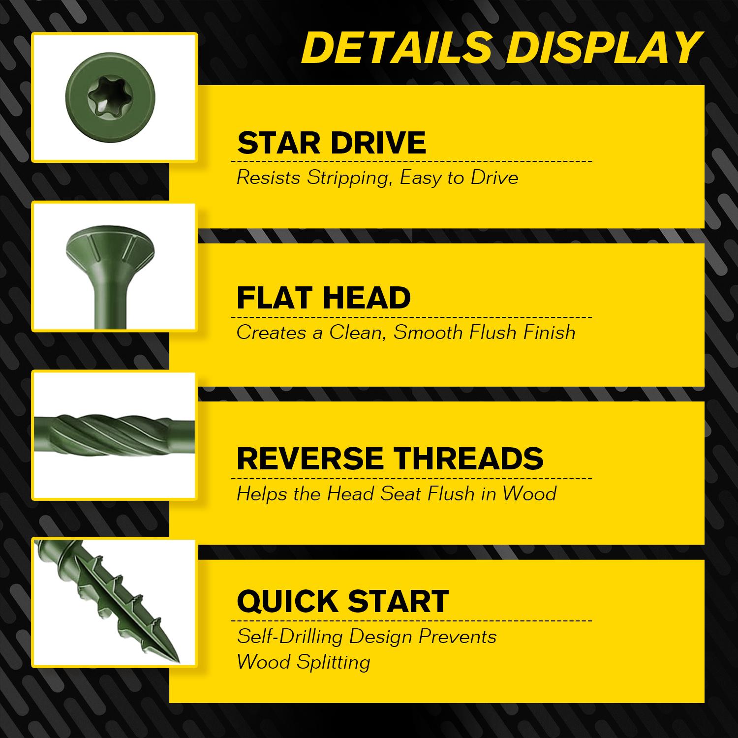 VKKM 100Pcs #10 x 3 Inch Green Torx Deck Screws, Knurled Self-Tapping Anti-Split Rust Resistant Exterior Wood Fasteners with T25 Bit for Deck Fence Outdoor Woodworking