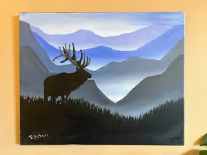 Raette Meredith Mountaintop Elk Original Acrylic Painting 16"x20" Unframed with Hanging Wire, Vibrant and Durable Design, Artistic Wall Decor
