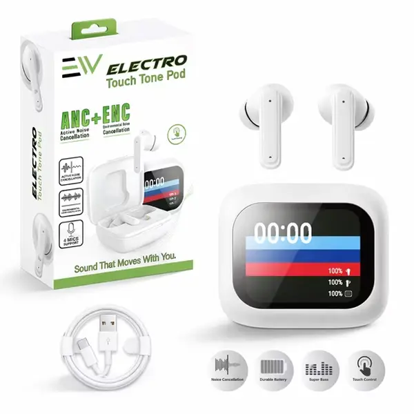 Electronic World Electro Touch Tone Pod Bluetooth Earbuds with ANC + ENC Noise Cancellation, Bluetooth 5.3, Touch Controls, USB-C Charging Case