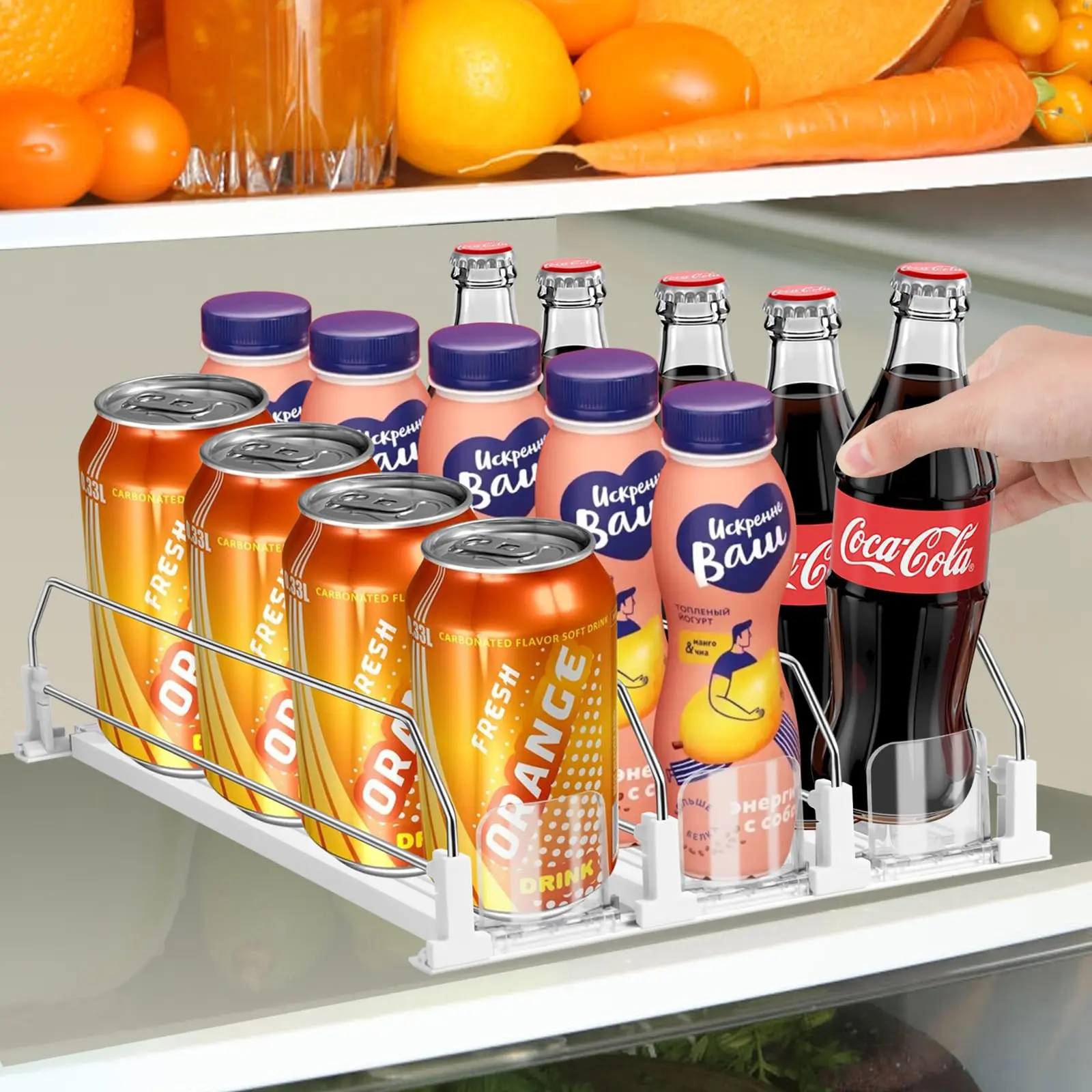 Drink Organizer For Fridge  Adjustable Width Soda Can Dispenser Refrigerator Organizers And Storage 3 Rows Beer Bottle Beverage Holder With Pusher Glide (14.96" D White)